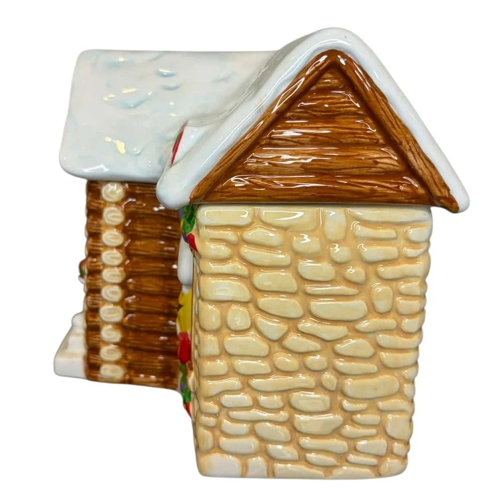 M&Ms Galerie 2003 Christmas Bakery Log Cabin Ceramic Cookie Jar Red Yellow Candy